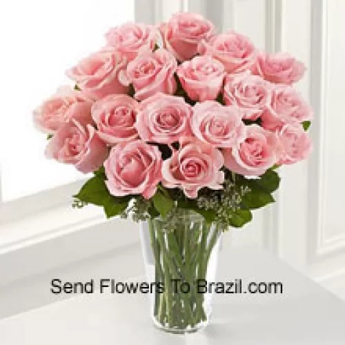 18 Pink Roses With Some Ferns In A Vase