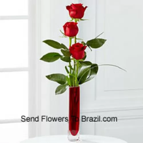 Trois Roses Rouges dans un Vase Tube à Essai Rouge (Nous nous réservons le droit de remplacer le vase en cas de non disponibilité. Stock limité)