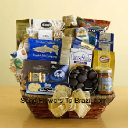 We've packed a wicker basket with a delightful assortment of gourmet foods, all arranged to make a great impression. The recipient is sure to appreciate this gift and will enjoy everything packed inside including tortilla chips, salsa, cheese sticks, brie cheese, water crackers, smoked salmon, pistachios, almonds, popcorn, pretzels, cheese swirls, Jelly Belly jelly beans, assorted Ghirardelli chocolates, wafer cookies, a tin of chocolate-covered sandwich cookies, a bag of Ghirardelli squares, and biscotti. (Please Note That We Reserve The Right To Substitute Any Product With A Suitable Product Of Equal Value In Case Of Non-Availability Of A Certain Product)